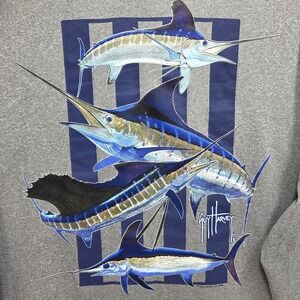 Guy Harvey Marlin Hooded Pocket Tshirt Tee Mens 2XL Long Sleeve Gray Blue Fish